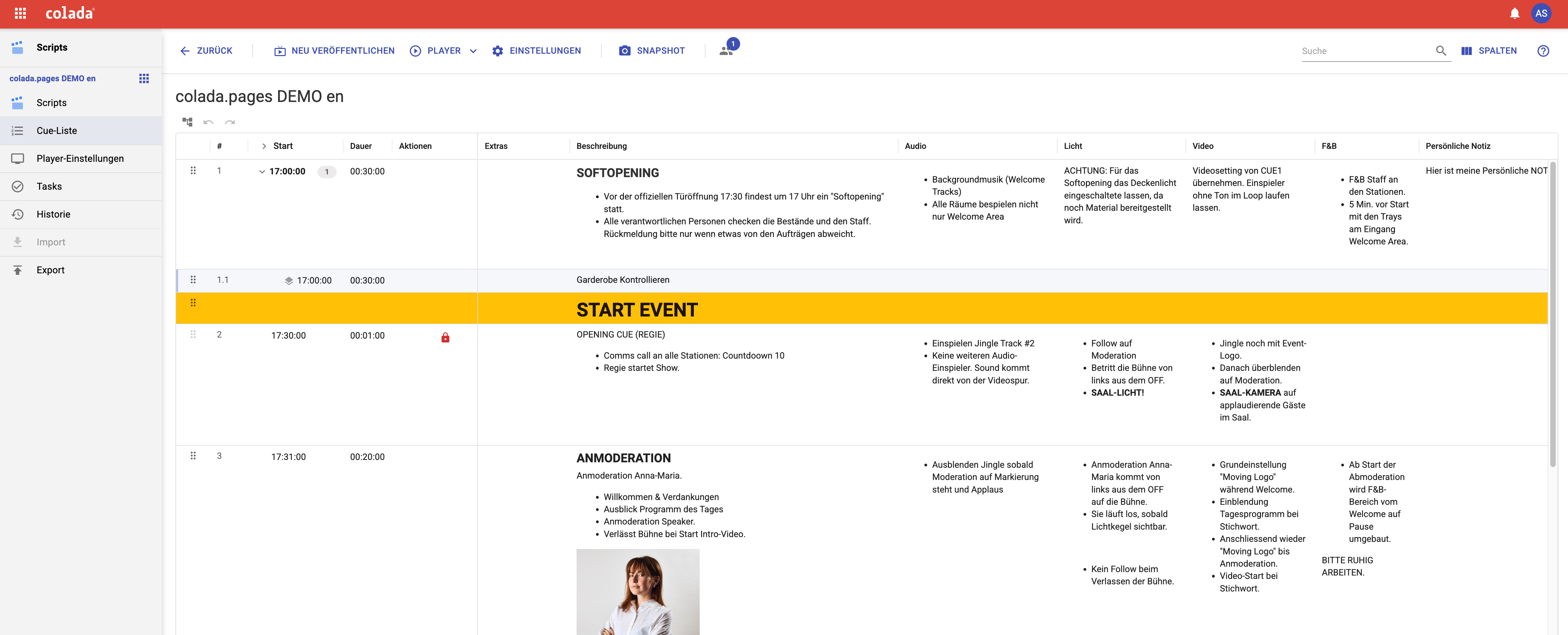 Zur News: Ablaufplan oder Regieplan? colada.scripts vereint beide Planungsebenen in einem Tool
