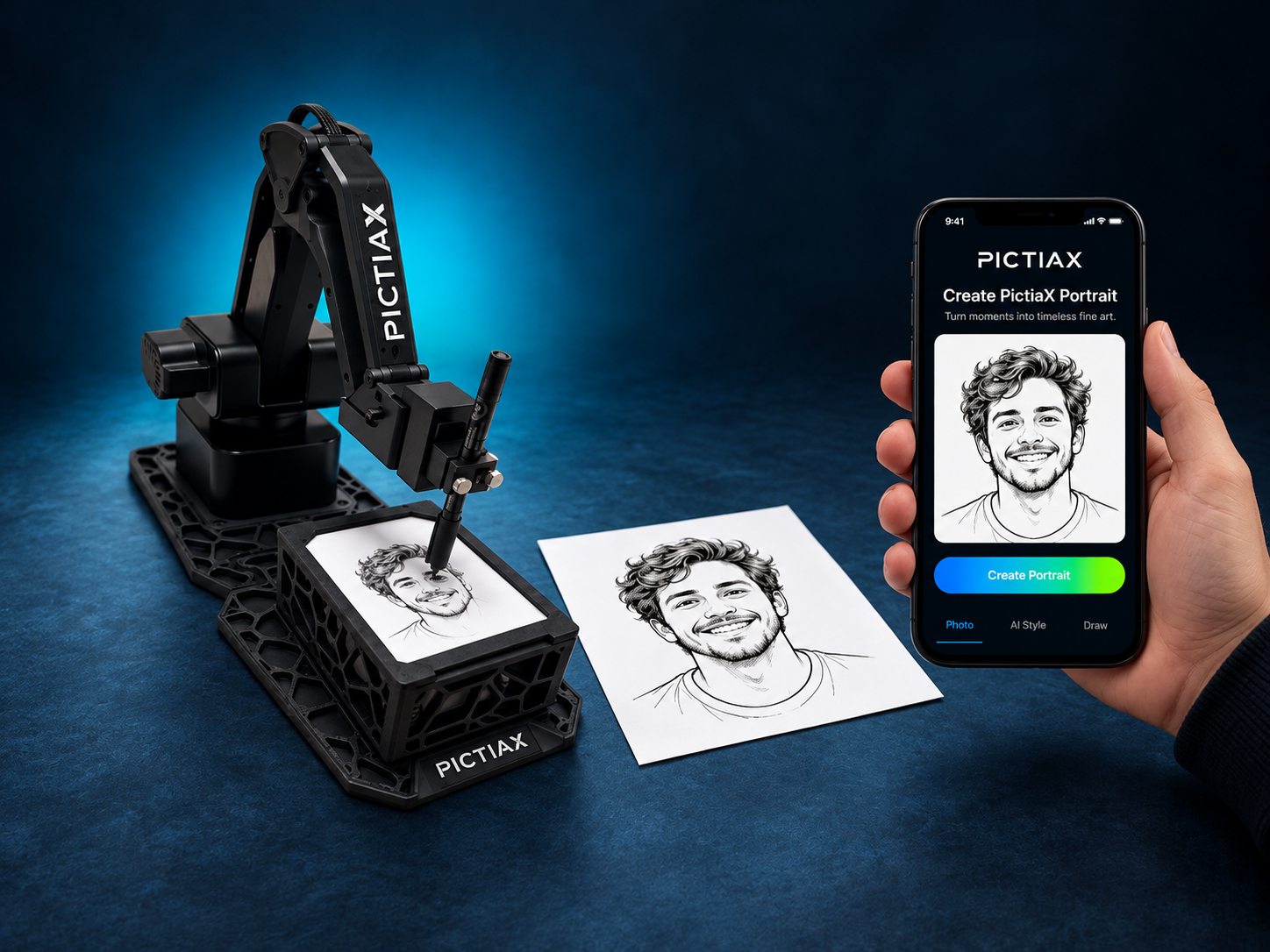 Zur News: KI-Zeichenroboter PictiaX: Neue Event-Attraktion zeichnet Gästeporträts live mit echtem Stift